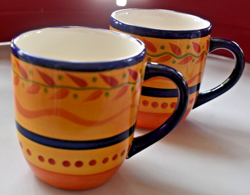 2 ~ LIBBEY MUG LIE4 ORANGE FLORAL FOLK ART BLUE BANDS CERAMIC VTG 2002