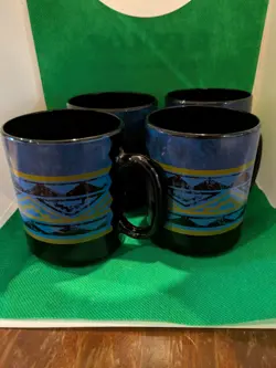 SET OF  4 ARCOROC COFFEE CUPS MUGS YUCATAN COBALT BLUE VINTAGE MADE IN FRANCE