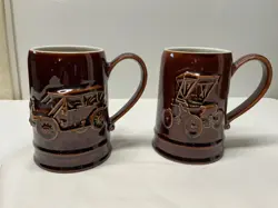 2 VINTAGE HALL POTTERY MUGS FROM OHIO AAA GALLERY/ 1903 OLDSMOBILE & 1912 THOMAS