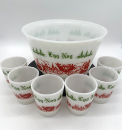 VINTAGE HAZEL ATLAS EGG NOG 7-PC SET MILK GLASS CARRIAGE PUNCH BOWL 6 MUGS