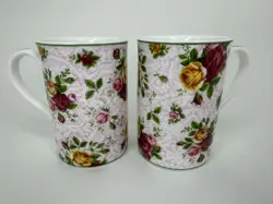 PAIR 2002 VINTAGE ROYAL ALBERT OLD COUNTRY ROSES SOFT PINK LACE MUGS
