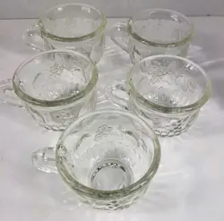 5 ANCHOR HOCKING CLEAR PUNCH CUP MUG HARVEST GRAPES PEAR APPLE FRUIT VTG GLASS