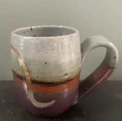 HANDMADE STUDIO ART POTTERY COFFEE MUG CUP, BROWN GREY DRIP GLAZE, SIGNED AF