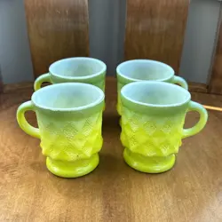 FIRE KING GREEN KIMBERLY DIAMOND PATTERN GLASS COFFEE MUG CUP MCM VTG LOT OF 4