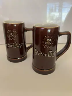 2 PETER LUGER STEAKHOUSE VINTAGE STEINS RESTAURANT MUGS MCM EUC GLAZED POTTERY