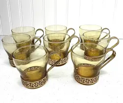 SET OF 8 VINTAGE LIBBEY GOLD GREEK KEY GLASS CONTINENTAL COFFEE CUPS AMBER
