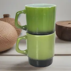 VTG LOT 2 ANCHOR HOCKING FIRE KING CUP STACKABLE COFFEE MUG BLACK GREEN