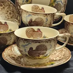 4 SETS VINTAGE MARUTA WARE JAPAN THANKSGIVING TURKEY TEACUP SAUCER