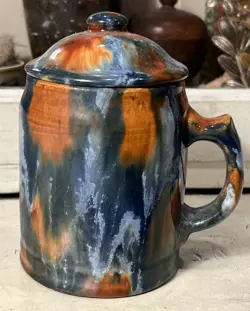 ANTIQUE VINTAGE 1930S PACIFIC POTTERY DRIP BLENDED GLAZE MUG W/ LID