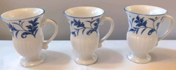 3 IRISH COFFEE MUGS / CUPS WHITE USA TALL VINTAGE BLUE FLORAL PEDESTAL FOOTED