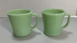 TWO VTG FIRE KING JADEITE D HANDLE COFFEE CUPS MUGS GREEN GLASS 1950S OVEN WARE