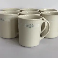 VINTAGE CORNING CORELLE LACE BOUQUET COFFEE CUPS MUGS IVORY BLUE 8 OZ SET OF 7