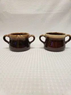 VINTAGE MCCOY BROWN DRIP TWO HANDLED SOUP BOWLS/MUGS (2)