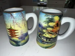 2 KUTANI MUGS JAPANESE PAGODA MT. FUJI COFFEE HANDPAINTED GOLD VINTAGE