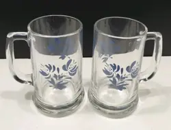 LOT 2 VINTAGE PFALTZGRAFF CLEAR YORKTOWNE BEER MUGS LIBBEY BLUE FLOWERS