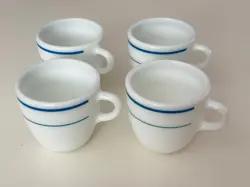 4 VINTAGE PYREX CORNING WHITE MILK GLASS COFFEE MUG BLUE STRIPE 723 BAND USA
