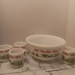 VTG 1950S HAZEL ATLAS MILK GLASS CHRISTMAS EGGNOG PUNCH BOWL SET W/ 4 MUGS NOG