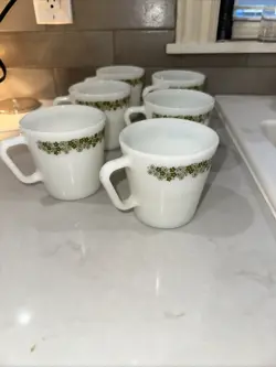 SET OF 6 VINTAGE 1970'S CRAZY DAISY SPRING BLOSSOM PYREX MUGS 1410 MILK GLASS