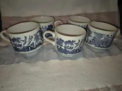 VINTAGE  SET OF 5 CHURCHILL CHINA BLUE WILLOW BREAKFAST TEA COFFEE CUP MUGS