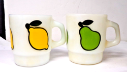 VINTAGE FIRE KING MILK GLASS FRUIT COFFEE MUGS SET OF 2 - LEMON AND PEAR