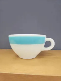 VINTAGE CORNING MILK GLASS W/  AQUA BLUE STRIPE COFFEE CUP MUG RESTAURANT WARE