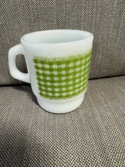 VINTAGE FIRE KING GREEN GINGHAM PLAID STACKABLE MILK GLASS MUG
