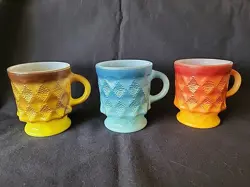 3 VTG ANCHOR HOCKING FIRE KING OMBRE KIMBERLY DIAMOND MUGS YELLOW, BLUE, ORANGE