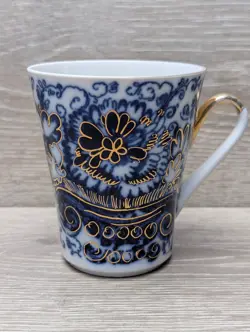 LOMONOSOV PORCELAIN MUG COBALT BLUE FLORAL GOLD TRIM VINTAGE USSR