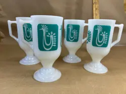VINTAGE FEDERAL MILK GLASS COFFEE MUGS TURQUOISE DANISH ROOSTER