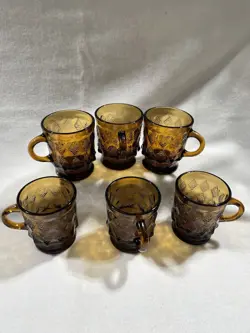 ANCHOR HOCKING VINTAGE KIMBERLY DIAMOND POINT GLASS MUGS (6)