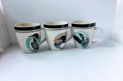FOLKCRAFT STONEWARE LOON LAKE MUGS SCOTTY Z SET 3 VINTAGE RUSTIC CABIN OUTDOOR