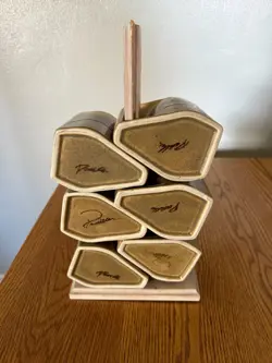 6 VINTAGE SIGNED RODOLFO PADILLA STONEWARE DRIP GLAZE COFFEE CUPS WITH STAND