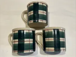 3 HARTSTONE POTTERY MUGS BUFFALO CHECK VINTAGE 1982 DISCONTINUED CHRISTMAS