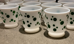 VINTAGE HAZEL ATLAS GREEN POLKA DOT (SET OF 12) MILK GLASS CUPS 1950'S MCM