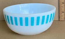 VINTAGE HAZEL ATLAS TURQUOISE CANDY STRIPE MILK GLASS CEREAL BOWL