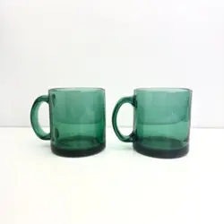 2 VINTAGE LIBBEY EMERALD GREEN GLASS COFFEE MUG MCM 12 OUNCE CUP MADE IN USA
