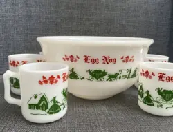 VTG 1950S HAZEL ATLAS MILK GLASS CHRISTMAS EGG NOG PUNCH BOWL SET WITH 5 MUGS
