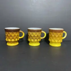 3 VINTAGE FIRE KING ANCHOR HOCKING KIMBERLY COFFEE MUG CUP YELLOW BROWN DIAMOND
