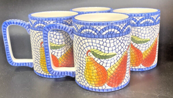 VTG 2001 CLAY ART MOSAIC PEAR SET OF FOUR MUGS 16OZ 