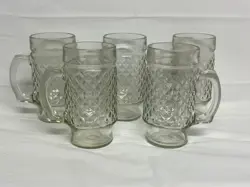 SET OF 5 VTG DIAMOND QUILT GLASS FOOTED HANDLED DRINKING GLASSES TUMBLERS MUGS