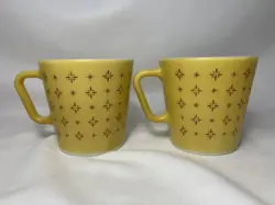 VINTAGE MCM PYREX YELLOW FOULARD COFFEE MUGS CUPS ATOMIC STAR BURST PATTERN
