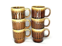 VINTAGE BROWN DRIP GLAZE STACKABLE COFFEE MUGS CUPS CERAMIC JAPAN SET OF 6