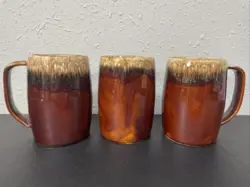 (3) VINTAGE HULL USA 16 OZ. BROWN DRIP GLAZE BEER STEIN / LARGE COFFEE MUG