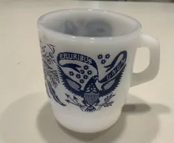 VINTAGE ANCHOR HOCKING FIRE KING WHITE MILK GLASS COFFEE MUG EPLURIBUS UNUM