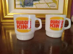 VINTAGE ANCHOR HOCKING FIRE KING WHITE MILK GLASS BURGER KING MUGS SET OF 2
