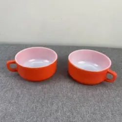 FIRE KING D HANDLE ORANGE STACKABLE SOUP MUG BOWL  ANCHOR HOCKING USA SET OF 2