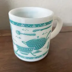 VINTAGE HAZEL ATLAS COFFEE TEA MUG MILK GLASS TURQUOISE BLUE WHITE