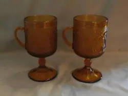 2 VINTAGE TIARA AMBER GLASS SANDWICH TALL STEMMED HANDLED MUGS 5 5/8