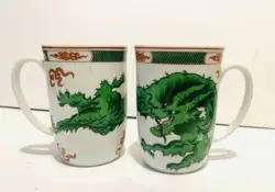 2 VINTAGE FITZ & FLOYD FF DRAGON CREST GREEN PORCELAIN MUGS 4”