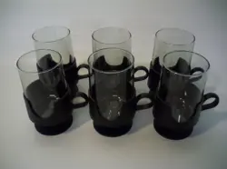 VINTAGE CORNING GLAS-SNAP MUGS BLACK CUPS LARGE 10OZ HOT/COLD, SET OF 6, RARE!